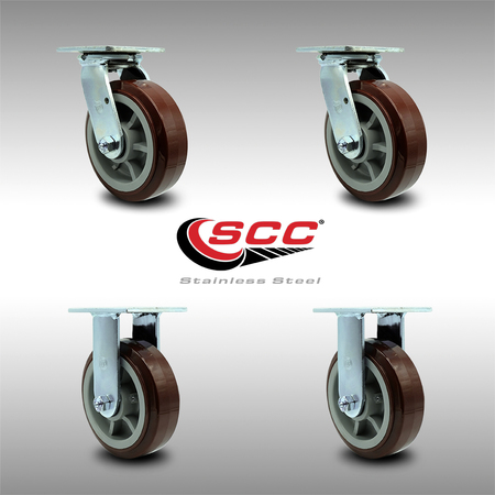 Service Caster 6 Inch SS Polyurethane Caster Set with Ball Bearings 2 Swivel 2 Rigid SCC SCC-SS30S620-PPUB-2-R-2
